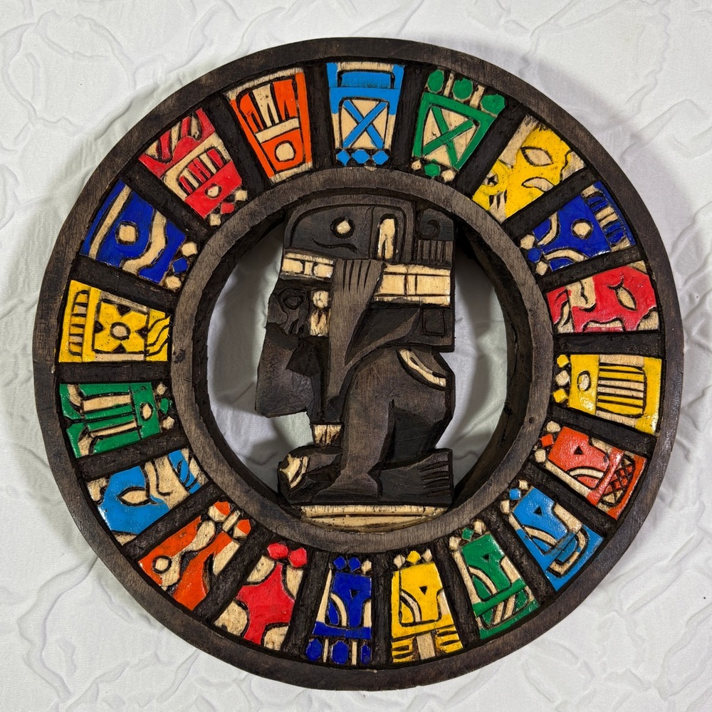 Vintage Wood Hand Carved Mayan Aztec Calendar